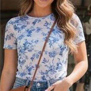 BellanBlue White Tee with Blue Floral Pattern